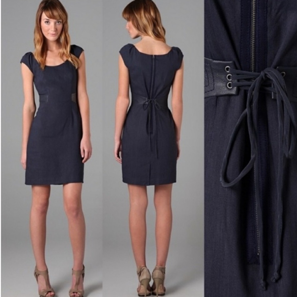 Rebecca Taylor Navy Linen Blend Dress with Lamb Leather Sides & Corset Back 10‎